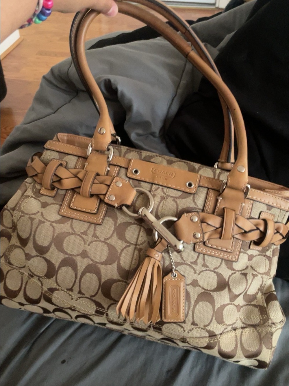 Coach Tan/Brown Signature Satchel with Braided Trim